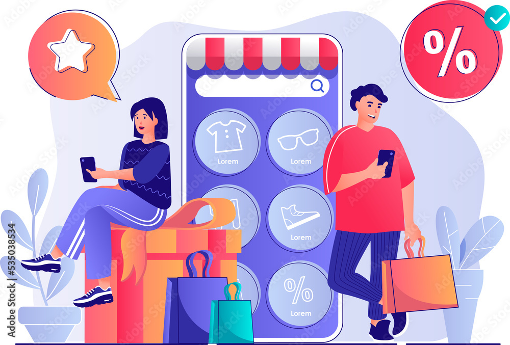 Poster mobile commerce concept with people scene. woman and man byers making purchases, ordering at website
