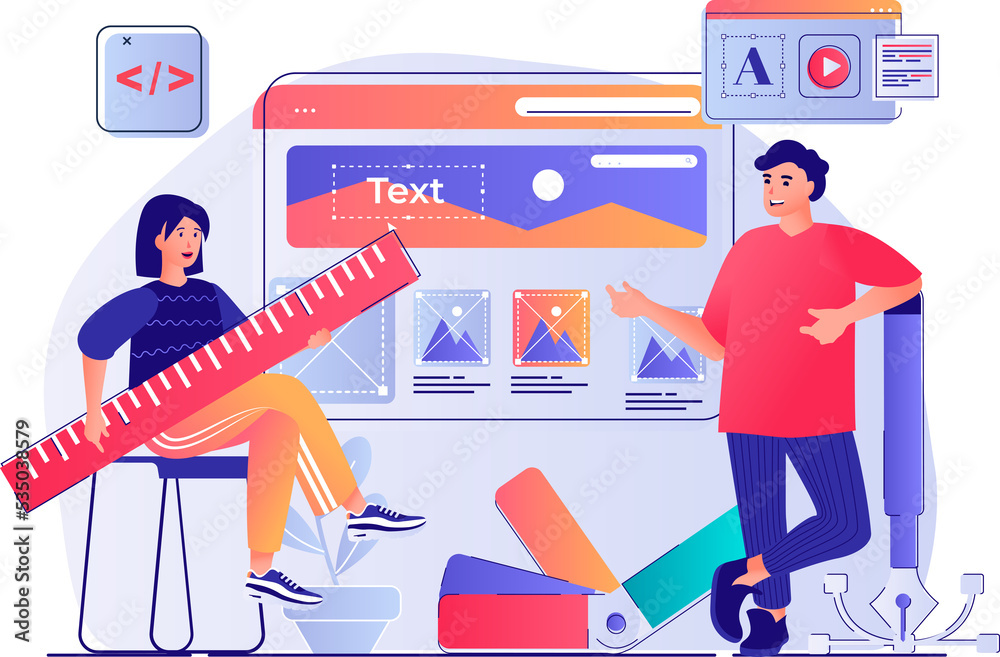 Aufkleber Web design concept with people scene. Man and woman designers creating site layout and place graphic elements and navigation buttons. Illustration with characters in flat design for web