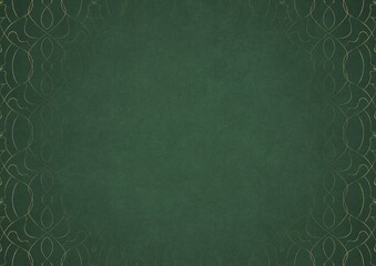 Warm green textured paper with vignette of golden hand-drawn pattern. Copy space. Digital artwork, A4. (pattern: p08-1c)