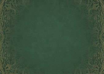 Naklejka premium Warm green textured paper with vignette of golden hand-drawn pattern. Copy space. Digital artwork, A4. (pattern: p09b)
