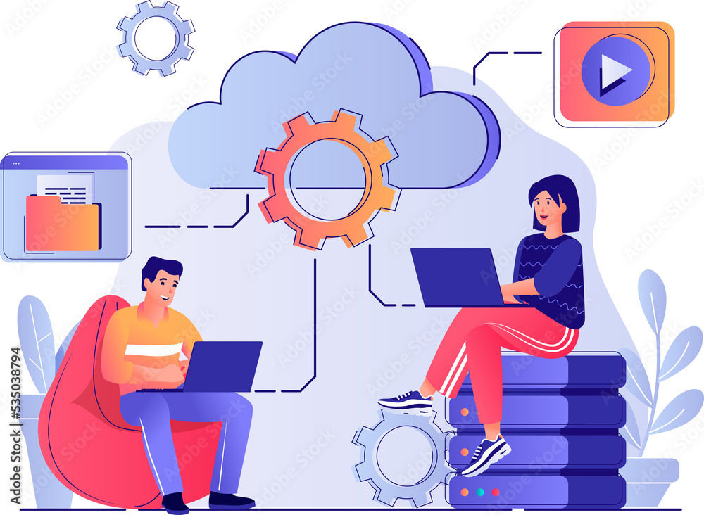 Poster Cloud computing concept with people scene. Man and woman processing information at laptops using cloud technology, data storage and backup. Illustration with characters in flat design for web