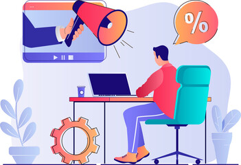 Video marketing concept with people scene. Man creating and posting viral and promo video content, making online promotion for business. Illustration with characters in flat design for web