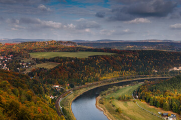 View of a village in the countryside in autumn near  Saxon Switzerland Mountains. Valley of river Elbe. Dresden. Germany.  