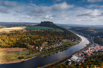 View of a village in the countryside in autumn near  Saxon Switzerland Mountains. Valley of river Elbe. Dresden. Germany.  