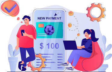 Online payment concept with people scene. Man and woman paying purchases with credit card in online banking, making financial transactions. Illustration with characters in flat design for web