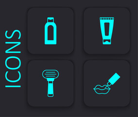 Set Lip augmentation, Bottle of shampoo, Cream or lotion cosmetic tube and Shaving razor icon. Black square button. Vector