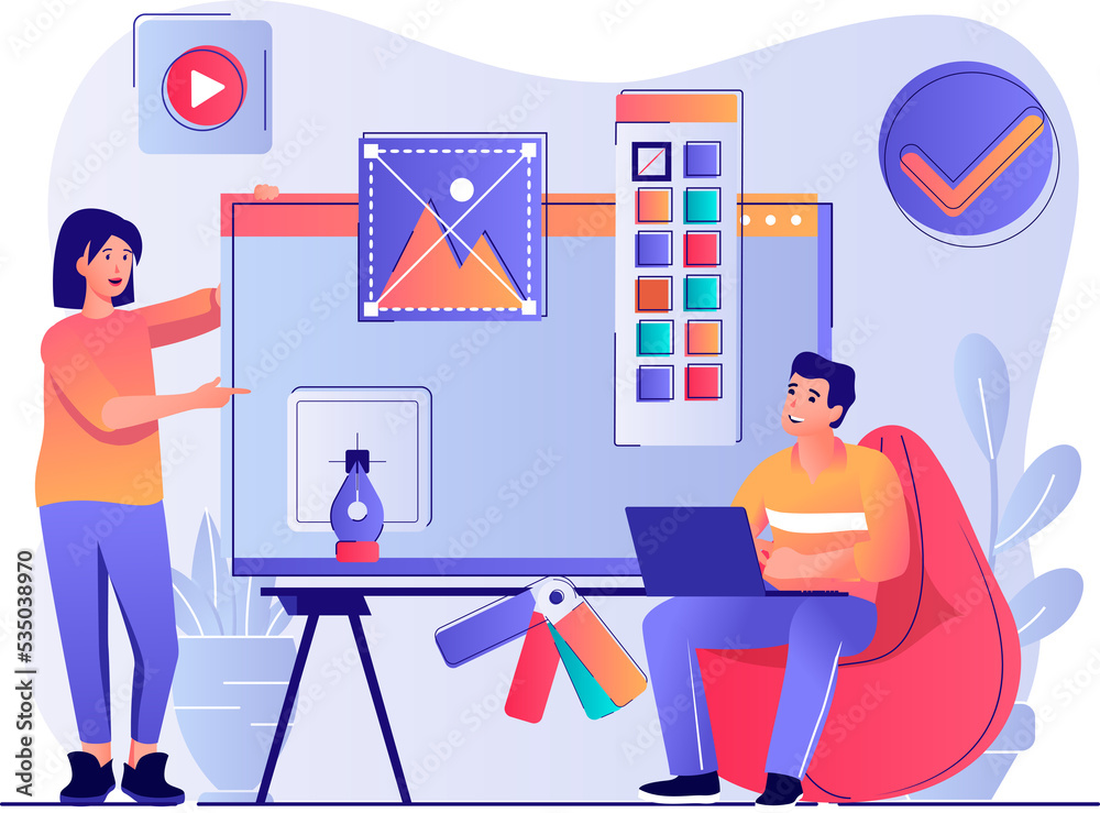 Poster Design studio concept with people scene. Woman and man drawing elements and graphics, designers team create website layout in agency. Illustration with characters in flat design for web