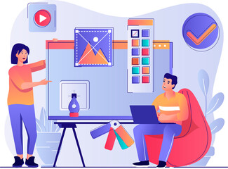 Design studio concept with people scene. Woman and man drawing elements and graphics, designers team create website layout in agency. Illustration with characters in flat design for web