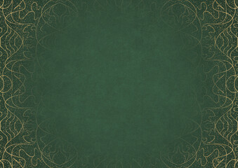 Warm green textured paper with vignette of golden hand-drawn pattern and golden glitter splatter. Copy space. Digital artwork, A4. (pattern: p02-1b)