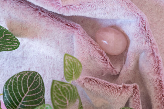 Crystal rose quartz stone yoni eggs laying on bright pink sinthetic fur background next to plants