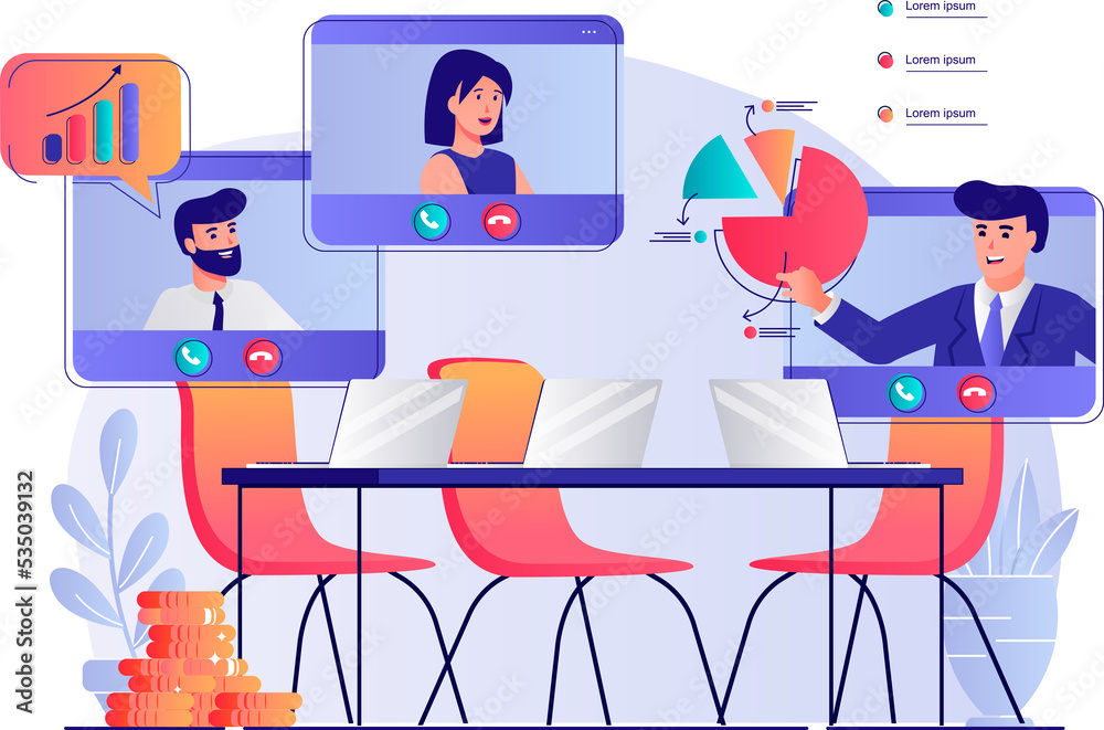 Aufkleber Video business conference concept with people scene. Man and woman colleagues discuss work tasks in group video chat at online meeting. Illustration with characters in flat design for web