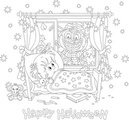 Happy Halloween card with a funny scarecrow with a creepy smiling pumpkin had scaring a little girl through a window in her nursery on a dark holiday night, vector cartoon