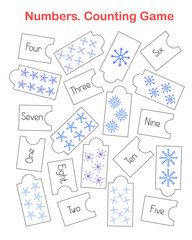 Snowflakes winter symbol, puzzle print and cut leaning numbers, watercolor illustration, English language practice, educational game worksheet, teachers resources