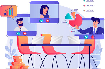 Video business conference concept with people scene. Man and woman colleagues discuss work tasks in group video chat at online meeting. Illustration with characters in flat design for web