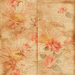 Vintage Romantic Floral Seamless Pattern Background with Shabby Cottage Chic Peach Flowers Repeating Design with Handwriting on Old Paper