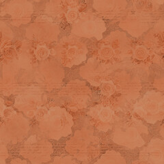 Vintage Rustic Floral Seamless Pattern Background with Terracotta & Peach Shabby Grunge Flowers Repeating Design on Old Paper Texture