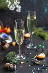 Two glasses of champagne in a christmas decoration. 