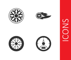 Set Speedometer, Alloy wheel for car, and Wheel in fire flame icon. Vector