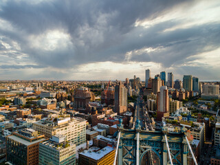 Skyline Brooklyn downtown on the Hudson River in New York cityscape America an aerial view