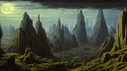 morning in the mountains, terror fantasy landscape