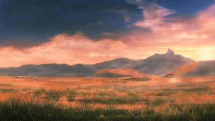 sunset over the mountains with peaceful field in front 