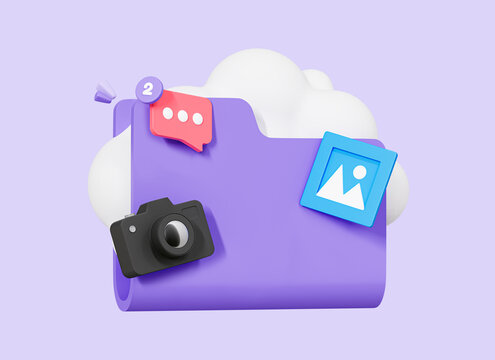 3D Cloud storage with digital data and files. Upload photos and videos to cloud. Online organization service. Download image. Cartoon creative design icon isolated on purple background. 3D Rendering