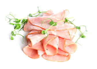 Heap of sliced ham with microgreen on white background