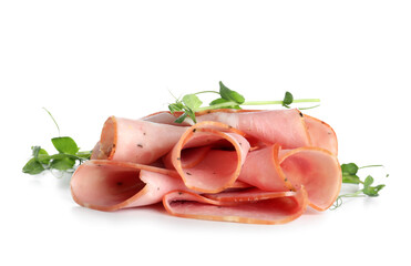 Heap of sliced ham with microgreen on white background