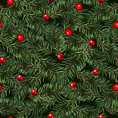 Naklejka na ściany i meble Christmas tree with red balls vector seamless holiday pattern