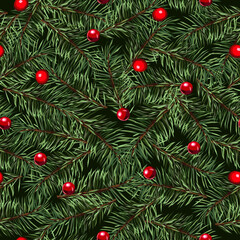 Naklejka na ściany i meble Christmas tree with red balls seamless holiday pattern