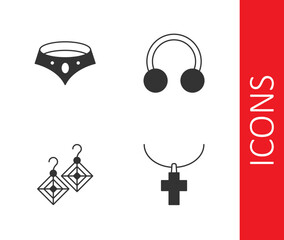 Set Christian cross on chain, Necklace, Earrings and Piercing icon. Vector