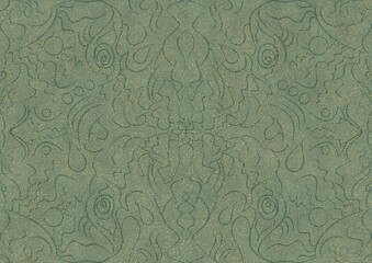Hand-drawn unique abstract seamless ornament. Dark green on light warm green background, with splatters of golden glitter. Paper texture. Digital artwork, A4. (pattern: p07-1a)