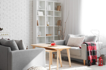 Interior of modern living room with grey sofas, table and tree branches