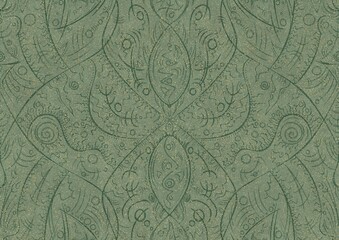 Hand-drawn unique abstract seamless ornament. Dark green on light warm green background, with splatters of golden glitter. Paper texture. Digital artwork, A4. (pattern: p08-2a)