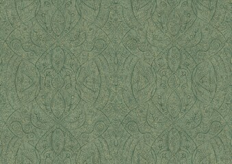Hand-drawn unique abstract seamless ornament. Dark green on light warm green background, with splatters of golden glitter. Paper texture. Digital artwork, A4. (pattern: p08-2b)