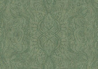 Hand-drawn unique abstract seamless ornament. Dark green on light warm green background, with splatters of golden glitter. Paper texture. Digital artwork, A4. (pattern: p09a)