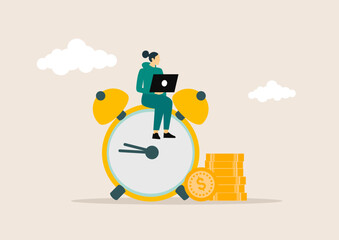 A woman with a laptop is sitting on a big clock, a vector illustration concept.