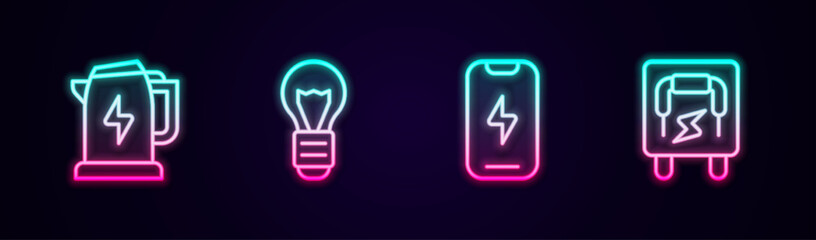Set line Electric kettle, Creative lamp light idea, Mobile phone and Electrical panel. Glowing neon icon. Vector