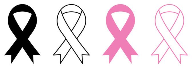 Set of awareness ribbon icon. Black and pink colors. Vector illustration isolated on white background
