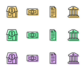 Set line Financial check, Market store, Stacks paper money cash and Bank building icon. Vector