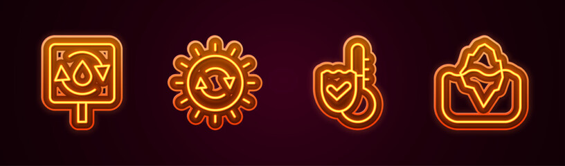 Set line Recycle clean aqua, Solar energy panel, Thermometer and Iceberg. Glowing neon icon. Vector