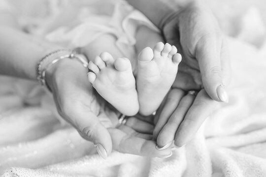 Newborn baby feet in mother hands, shape like a lovely heart. Mother holding legs of the kid in hands. Close up image. Happy family concept.