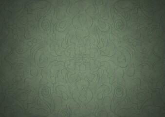 Hand-drawn unique abstract symmetrical seamless ornament. Dark semi transparent green on a light warm green with vignette of a darker background color. Paper texture. A4. (pattern: p07-1a)