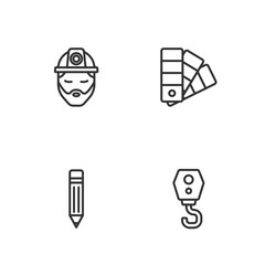 Set line Crane hook, Pencil with eraser, Builder and Color palette guide icon. Vector