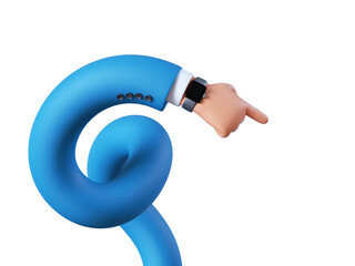 3d render, funny cartoon character spiral hand points forward, pointing finger, shows direction. Business clip art isolated on white background