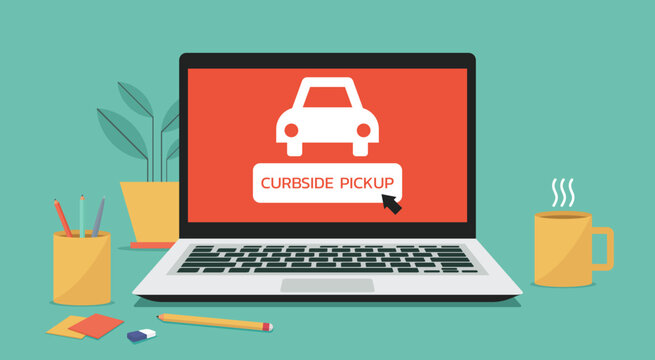 Grocery Pickup, Safe Shopping In Store, Order Online And Curbside Pick Up Without Leaving Car Concept, Vector Flat Illustration Service On Computer Laptop Screen