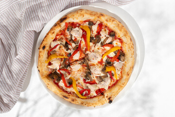 Pizza with chicken and mushrooms on white background for restaurant menu.