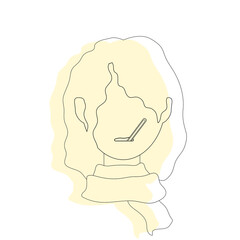 Sick faceless girl with fever and thermometer in mouth and scarf in linear colorless style icon. Vector illustration. Virus or cold illness, having headache, measures the body temperature, dizziness