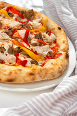 Pizza with chicken and mushrooms on white background for restaurant menu