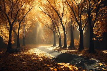 3d illustration of road in an autumn park.j